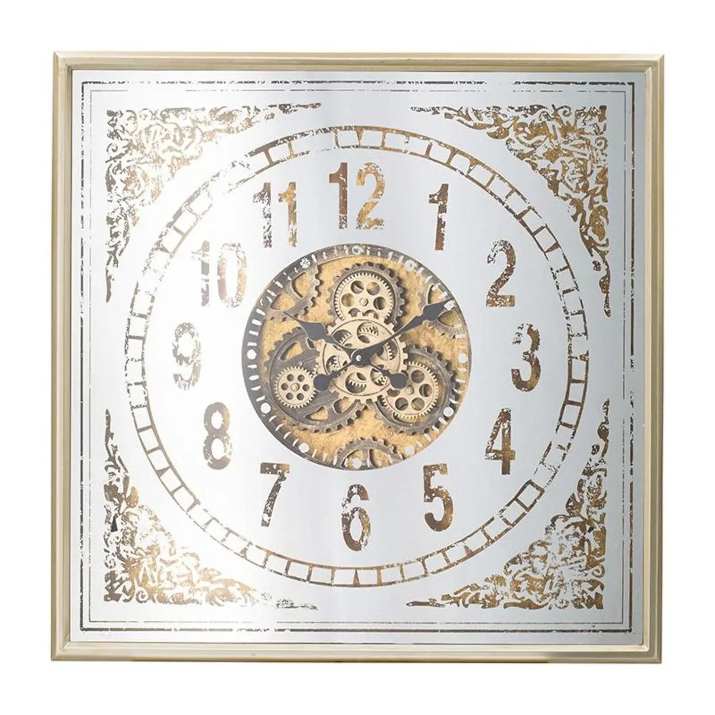 32" Square Gold and Silver Wood and Mirror Analog Exposed Gear Wall Clock - Homeroots - Flyclothing LLC