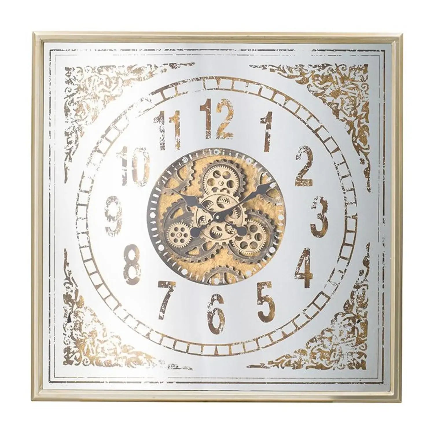 32" Square Gold and Silver Wood and Mirror Analog Exposed Gear Wall Clock - Homeroots - Flyclothing LLC