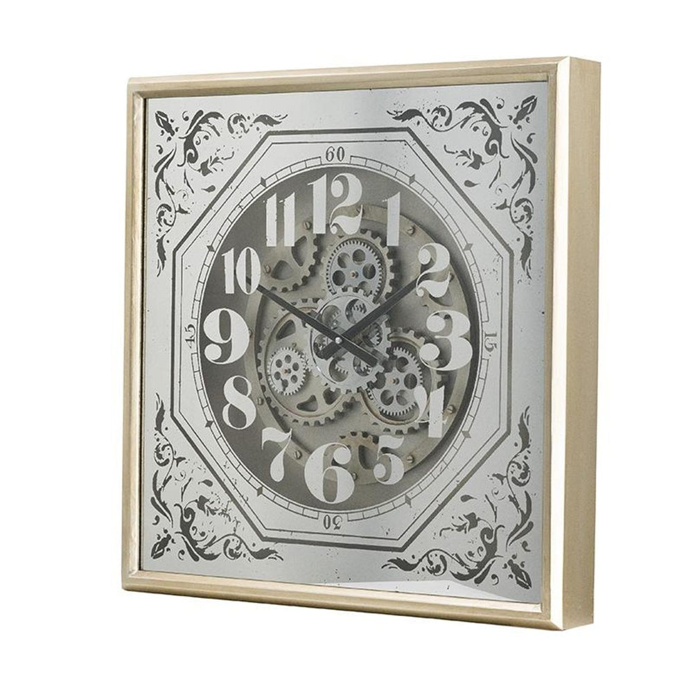 24" Square Gold and Silver Wood and Mirror Exposed Gear Wall Clock - Homeroots - Flyclothing LLC