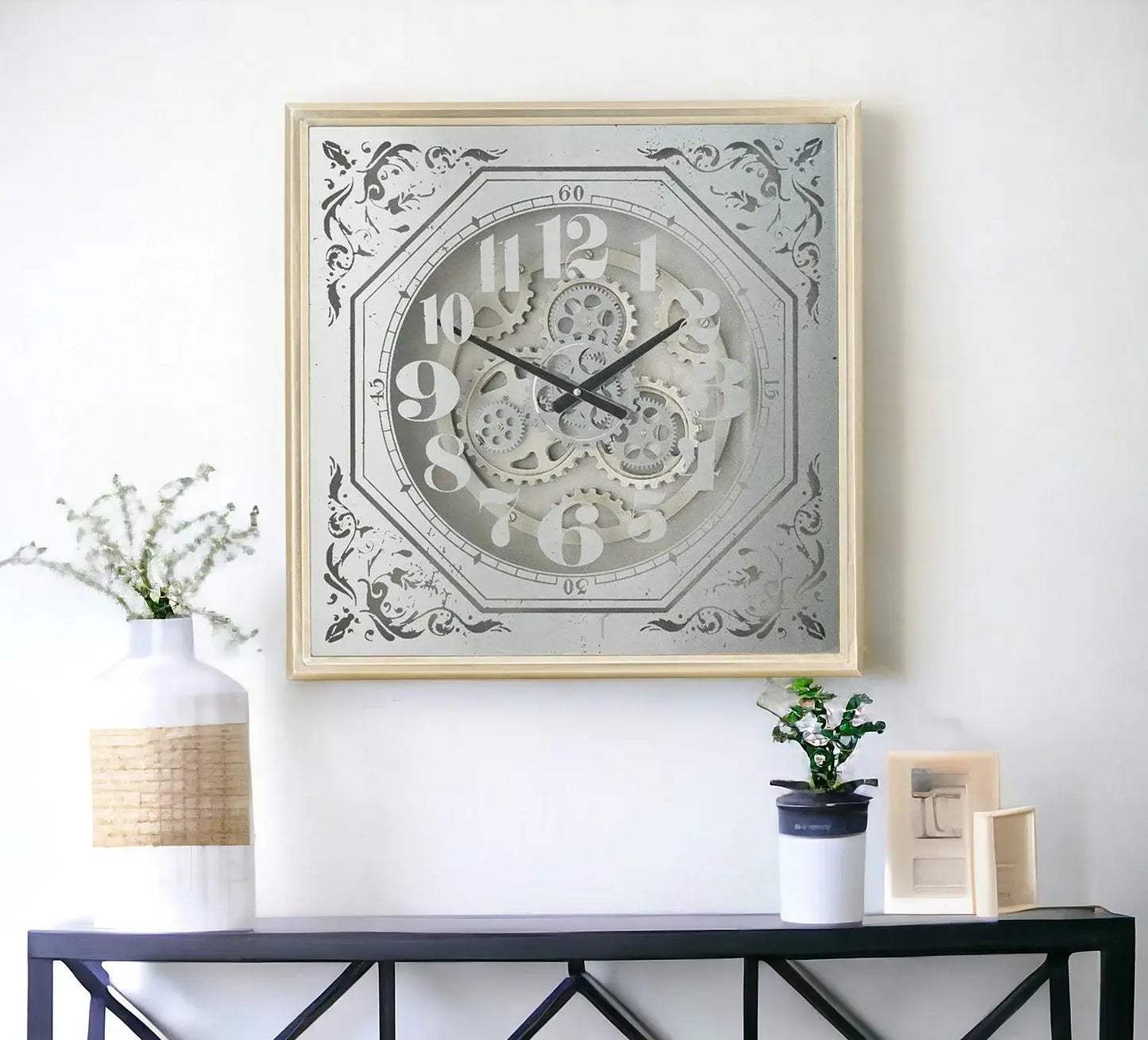 24" Square Gold and Silver Wood and Mirror Exposed Gear Wall Clock - Homeroots - Flyclothing LLC