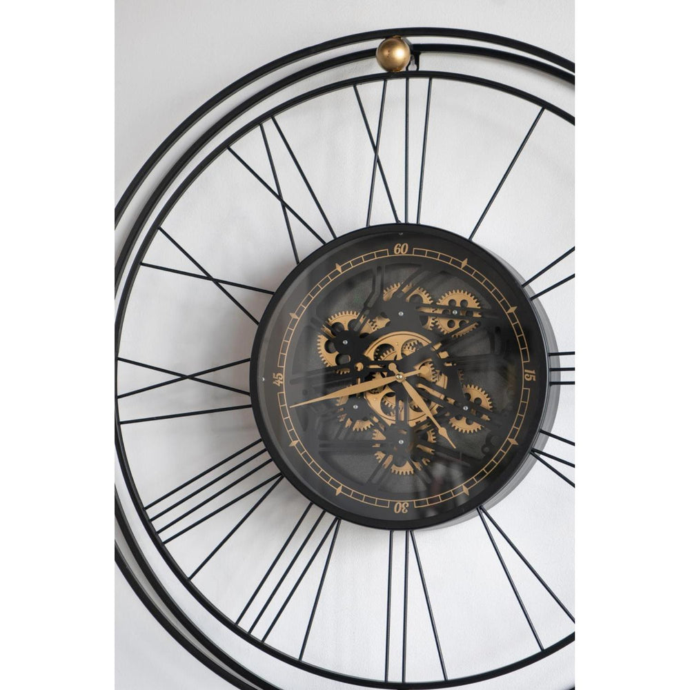 32" Circle Black and Gold Metal and Glass Analog Exposed Gear Wall Clock - Homeroots - Flyclothing LLC