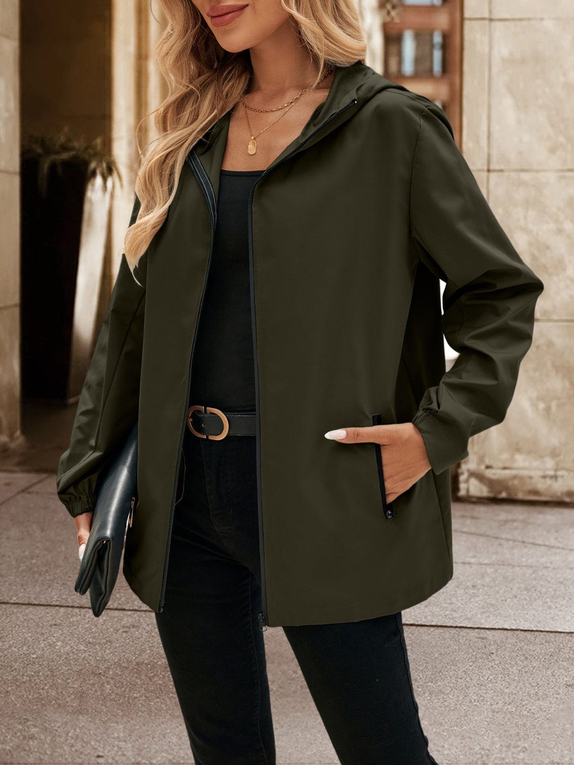 Pocketed Zip Up Hooded Jacket - Trendsi