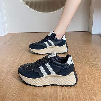 Side Striped Lace Up Platform Athletic Sneakers - Trendsi - Flyclothing LLC