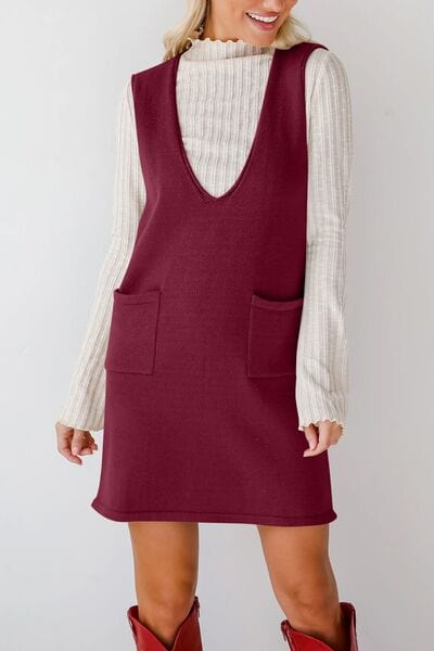 Lovelet Pocketed V-Neck Mini Sweater Overall Dress - Trendsi