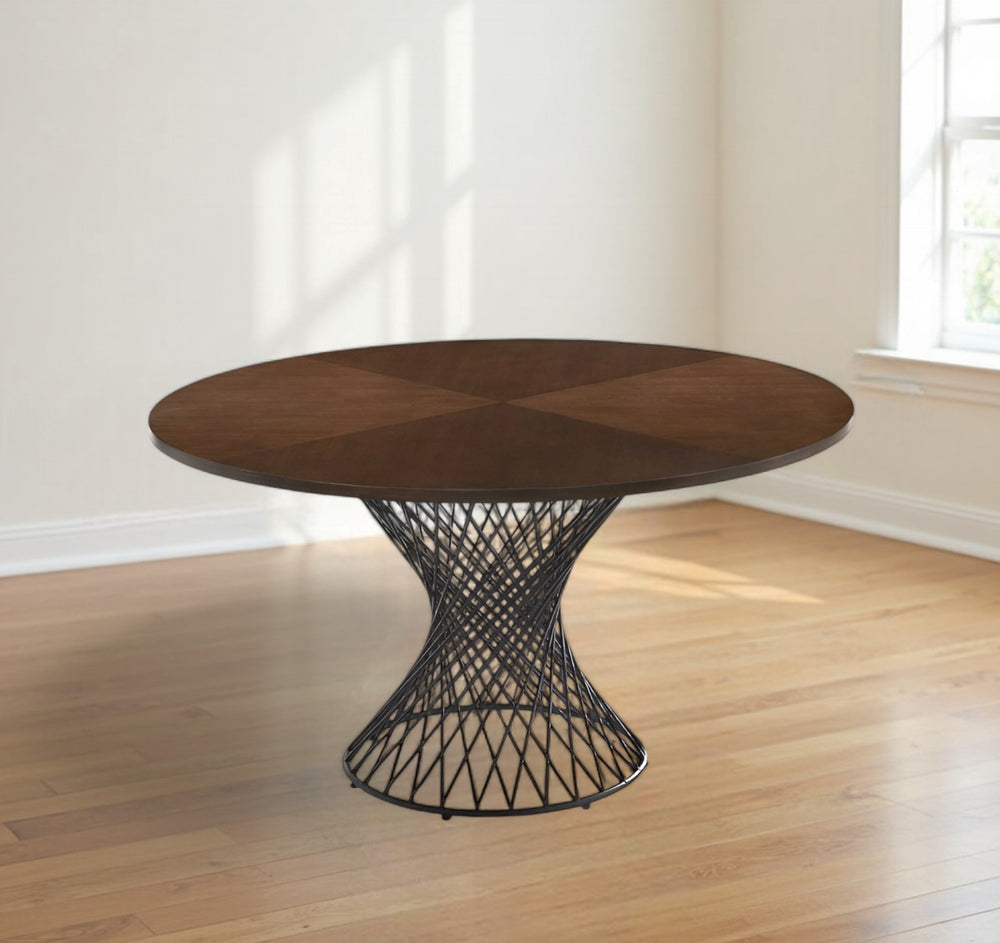54" Brown And Black Rounded Solid Manufactured Wood And Iron Pedestal Base Dining Table - Homeroots - Flyclothing LLC