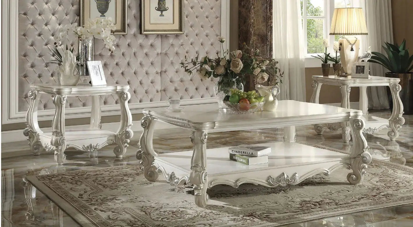 57" Antiqued White Solid And Manufactured Wood Coffee Table With Shelf - Homeroots - Flyclothing LLC