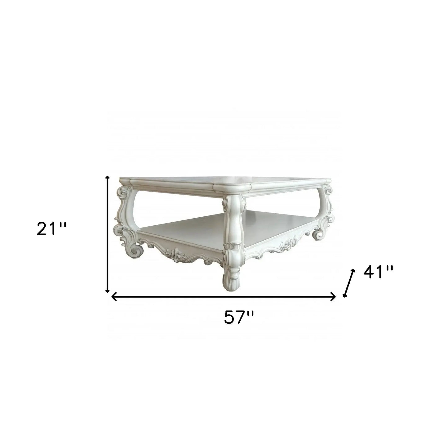 57" Antiqued White Solid And Manufactured Wood Coffee Table With Shelf - Homeroots - Flyclothing LLC