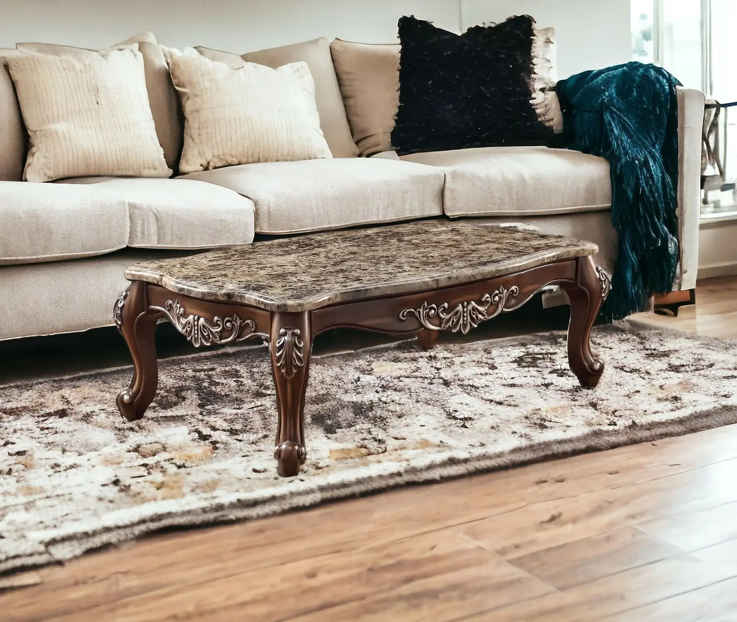 57" Brown And Oak Faux Marble And Solid And Manufactured Wood Coffee Table - Homeroots - Flyclothing LLC