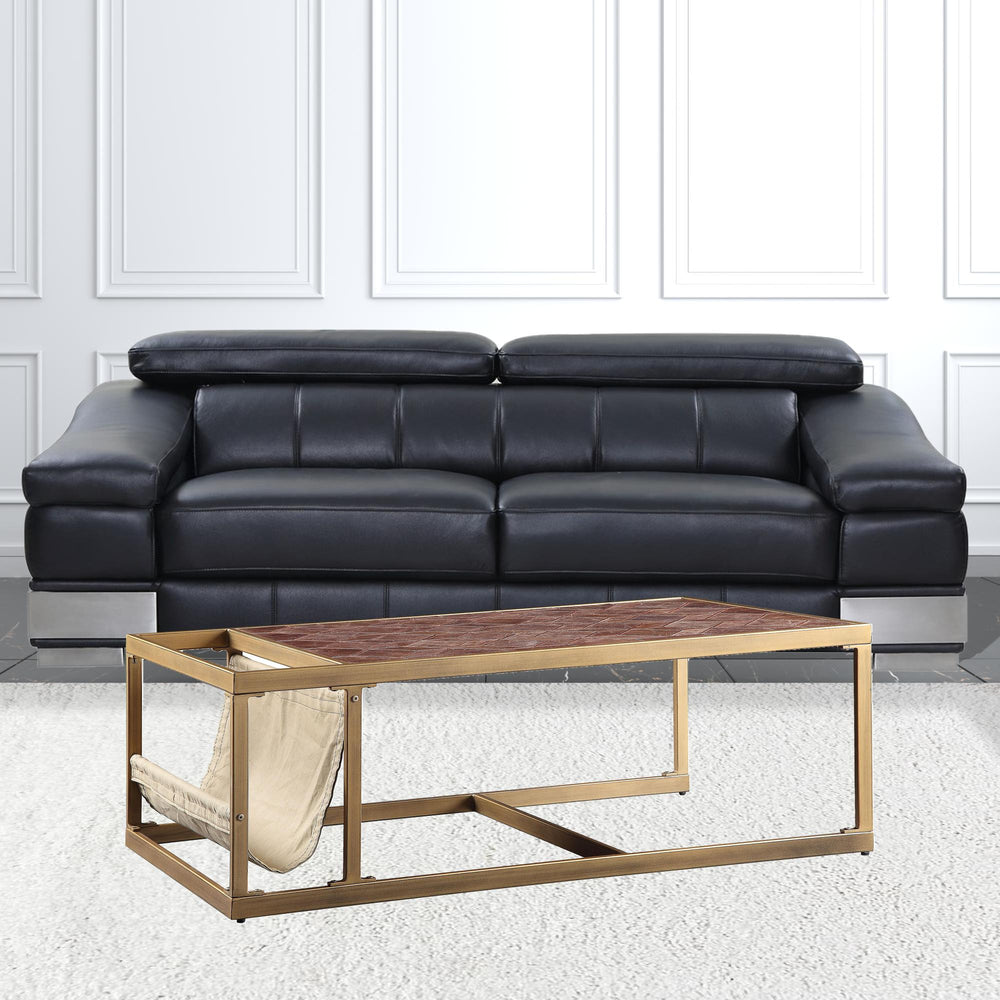 51" Brass And Retro Brown Leather Rectangular Coffee Table - Homeroots - Flyclothing LLC