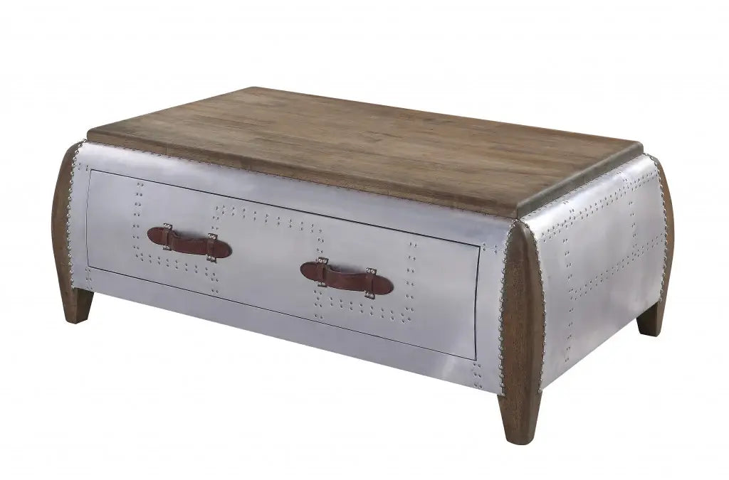 51" Brown And Gray Solid Wood And Aluminum Coffee Table With Drawer - Homeroots - Flyclothing LLC