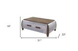 51" Brown and Gray Solid Wood And Aluminum Solid Coffee Table With Drawer