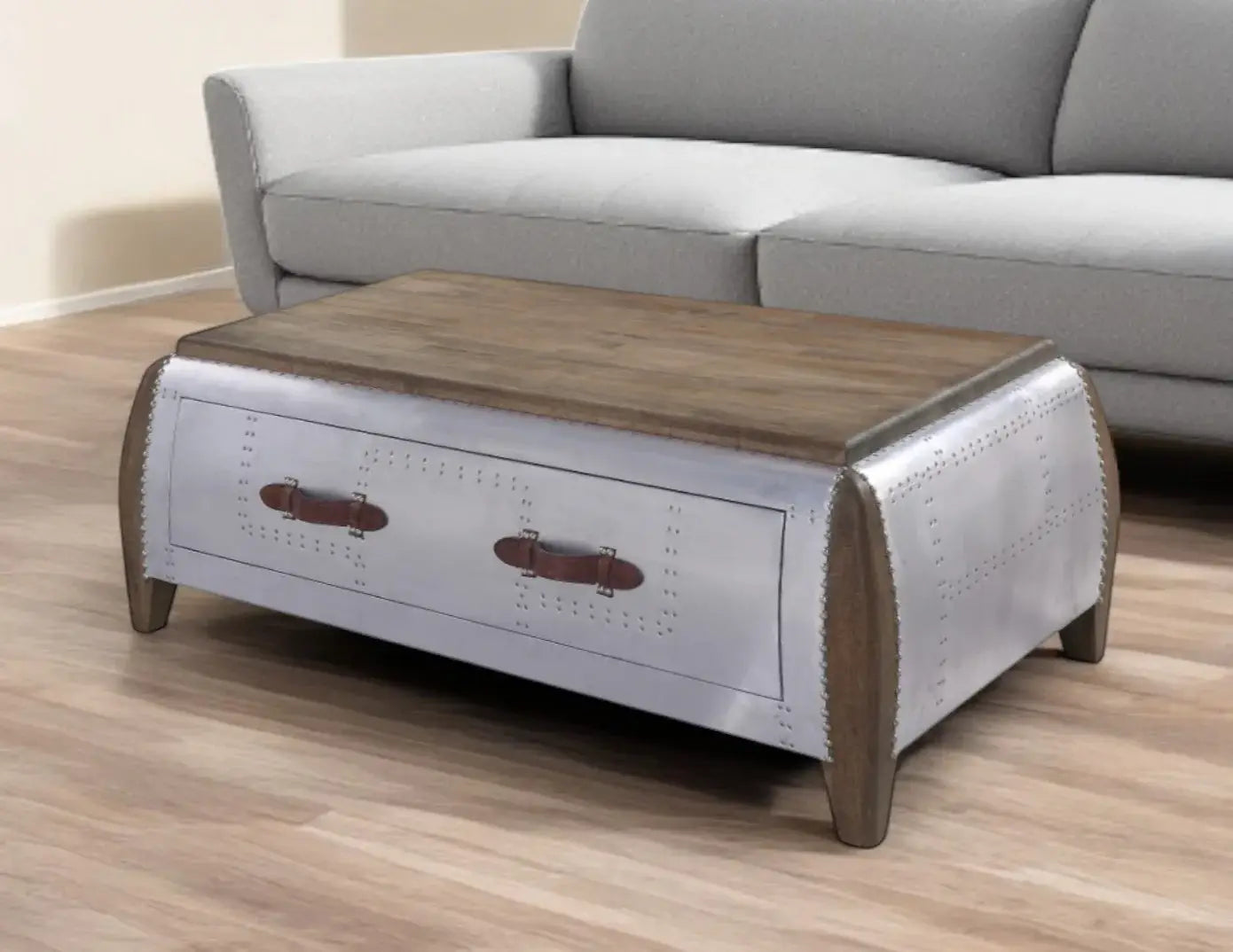 51" Brown And Gray Solid Wood And Aluminum Coffee Table With Drawer - Homeroots - Flyclothing LLC