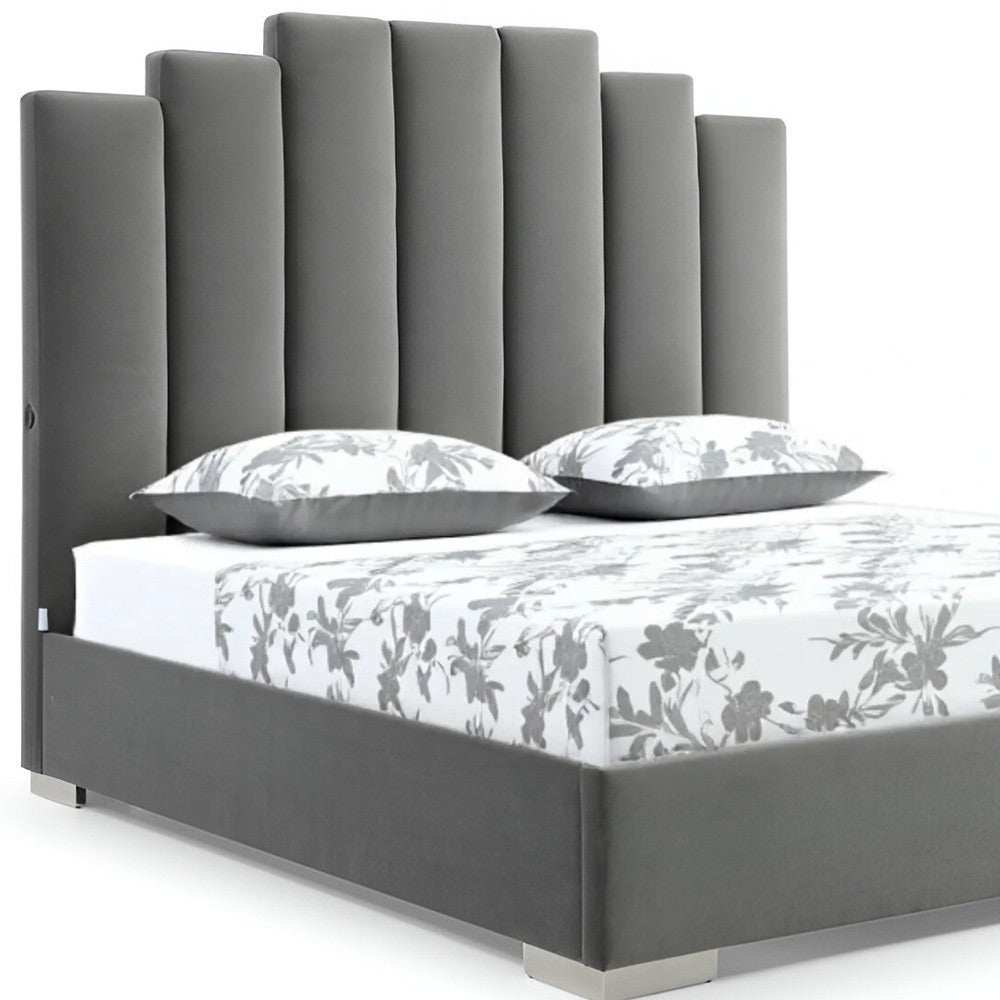 Queen Grey Upholstered Vertical Channel Velvet Bed with USB - Homeroots - Flyclothing LLC