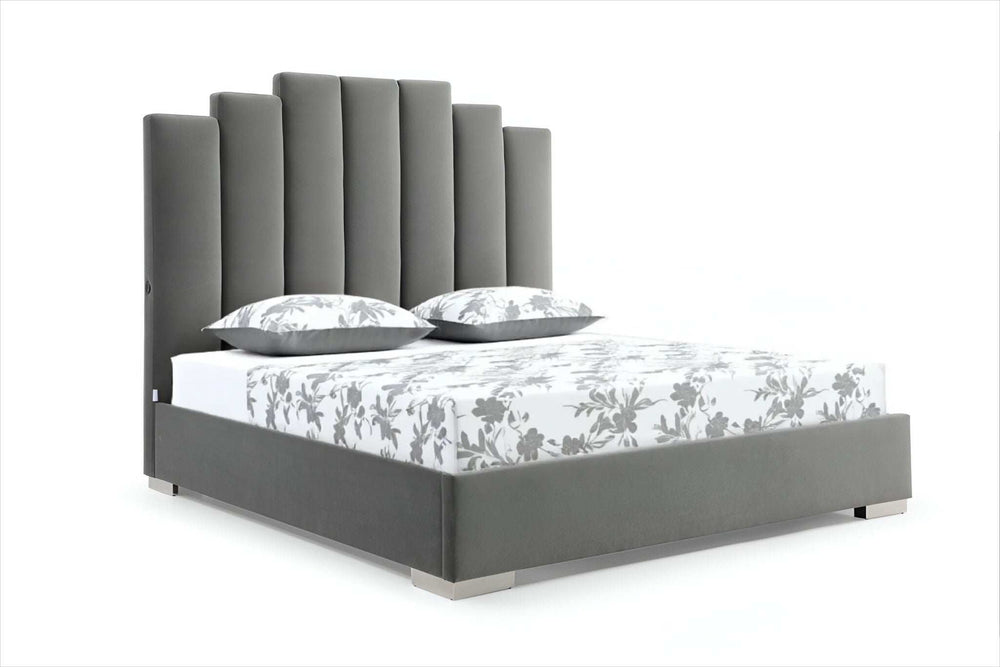 Queen Grey Upholstered Vertical Channel Velvet Bed with USB - Homeroots - Flyclothing LLC