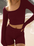 Scoop Neck Long Sleeve Top and Shorts Set - Trendsi - Flyclothing LLC