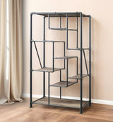 75" Antique Oak And Gray Metal Eight Tier Industrial Bookcase - Homeroots - Flyclothing LLC