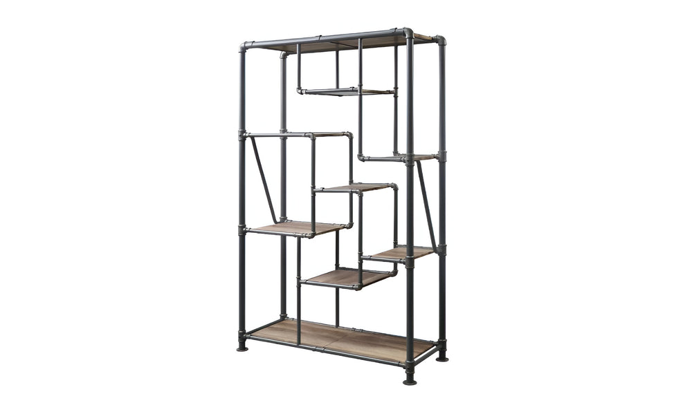 75" Antique Oak And Gray Metal Eight Tier Industrial Bookcase - Homeroots - Flyclothing LLC