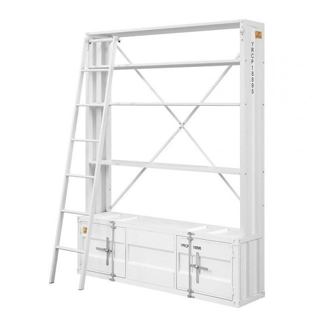 83" White Four Tier Cargo Style Bookcase with Cabinets and Ladder - Homeroots - Flyclothing LLC