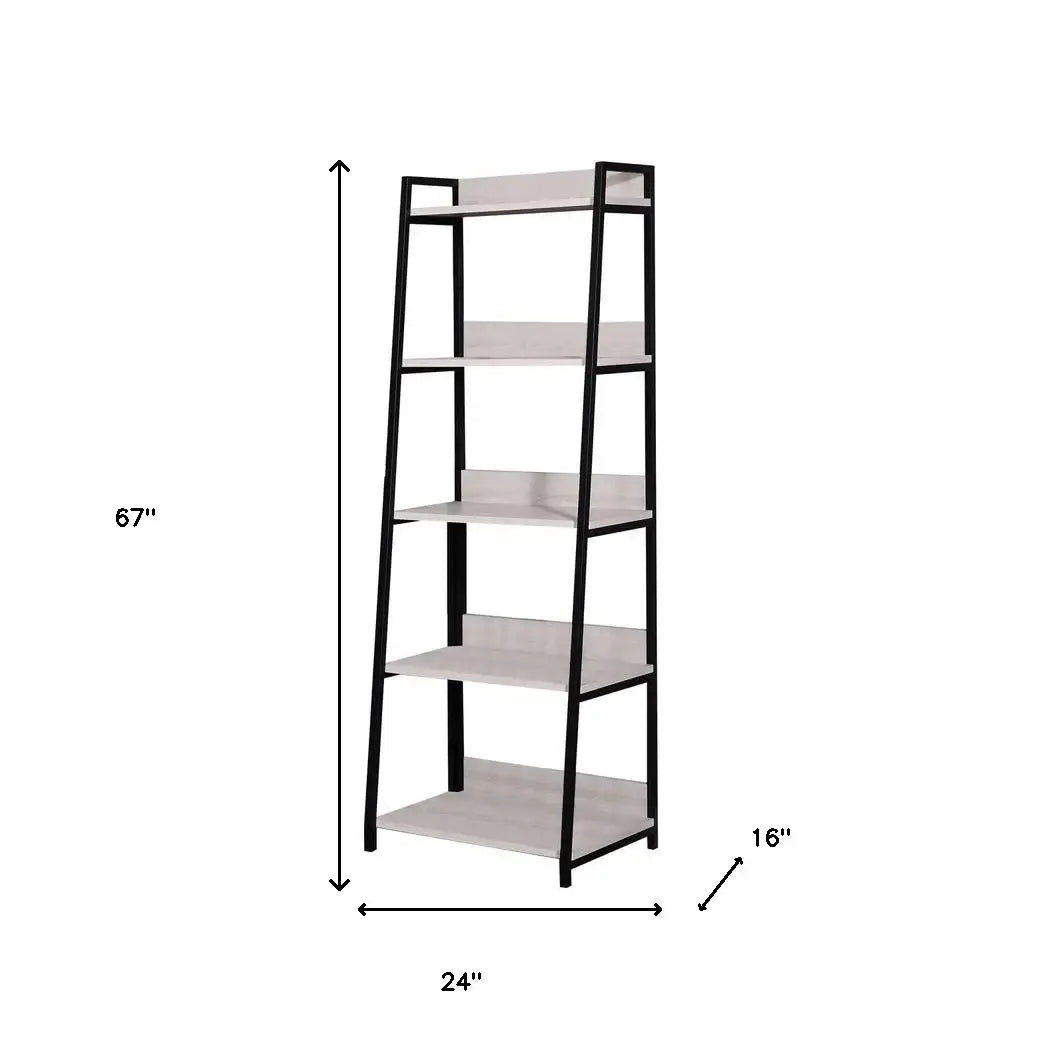 67" Natural and Black Metal Five Tier Ladder Bookcase - Homeroots - Flyclothing LLC