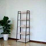 67" Natural and Black Metal Five Tier Ladder Bookcase - Homeroots - Flyclothing LLC