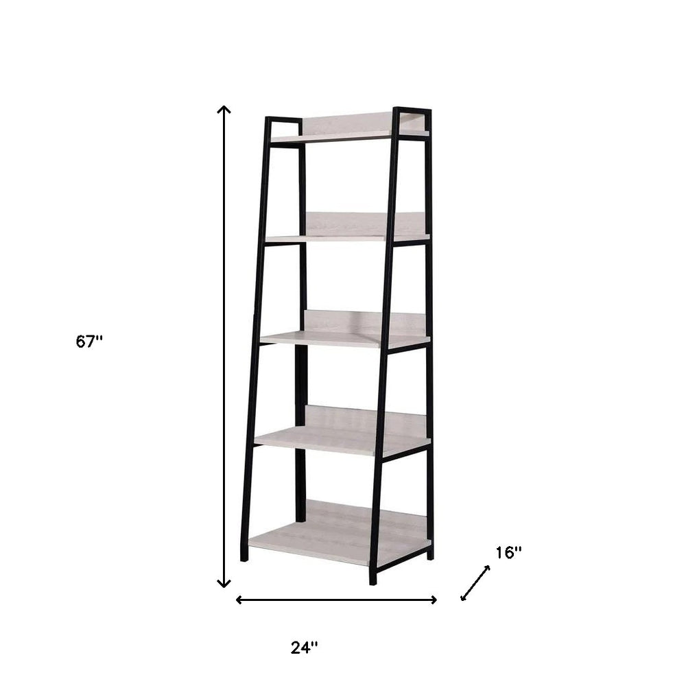 67" Natural and Black Metal Five Tier Ladder Bookcase - Homeroots - Flyclothing LLC