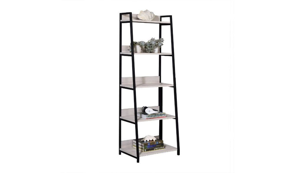 67" Natural and Black Metal Five Tier Ladder Bookcase - Homeroots - Flyclothing LLC