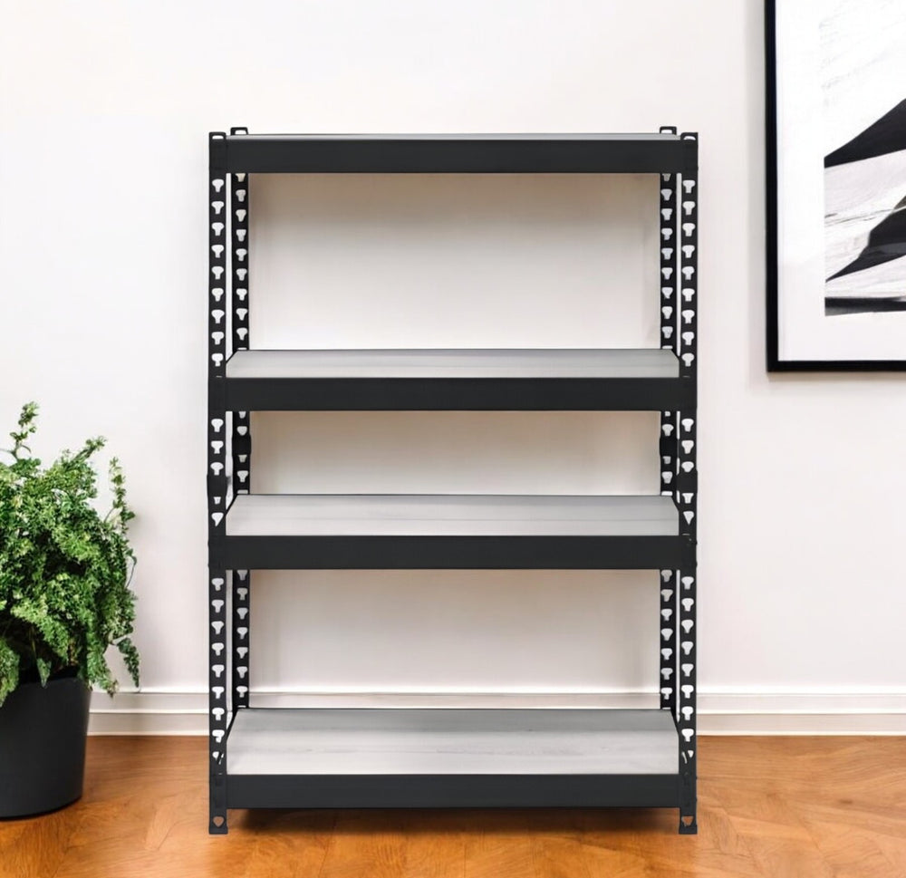 48" Black And Natural Metal and Wood Adjustable Four Tier Bookcase