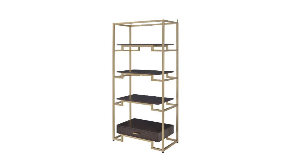 78" Gold and Black Metal Four Tier Etagere Bookcase with a Drawer - Homeroots - Flyclothing LLC