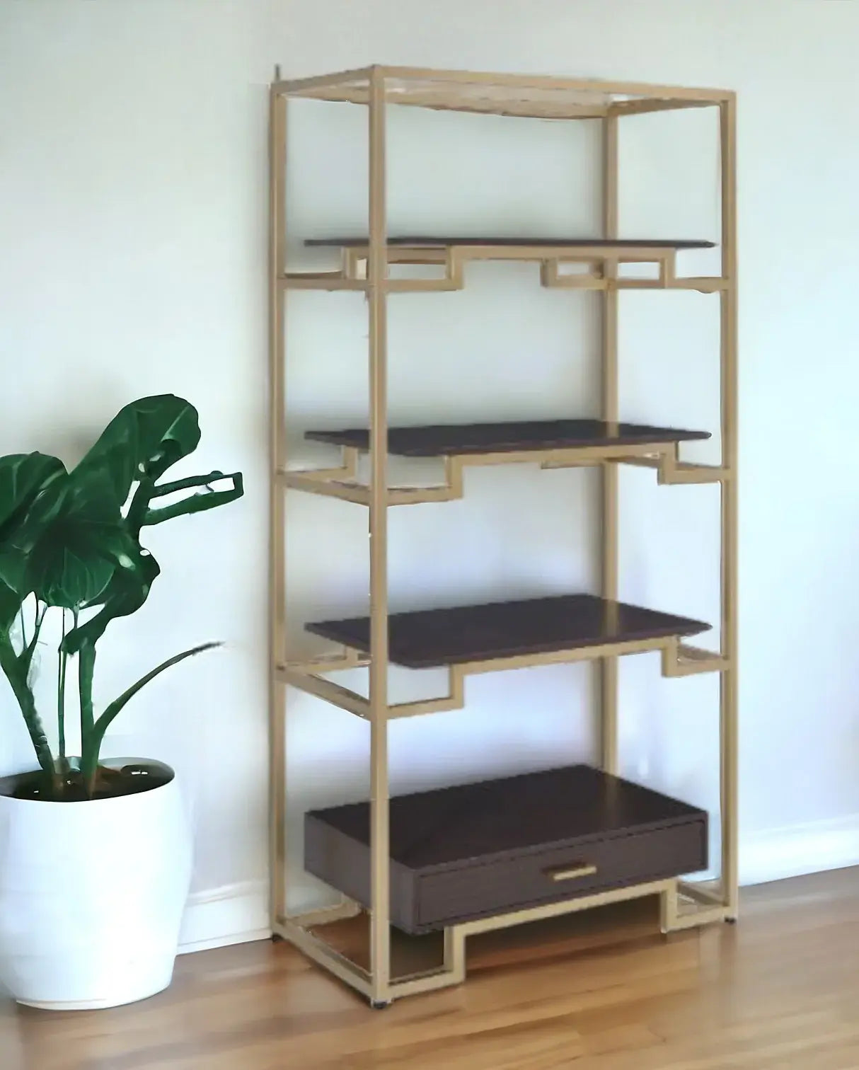78" Gold and Black Metal Four Tier Etagere Bookcase with a Drawer - Homeroots - Flyclothing LLC