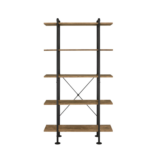 73" Brown And Black Metal Five Tier Etagere Bookcase