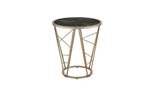 24" Champagne And Black Faux Marble Glass And Metal Round End Table - Homeroots