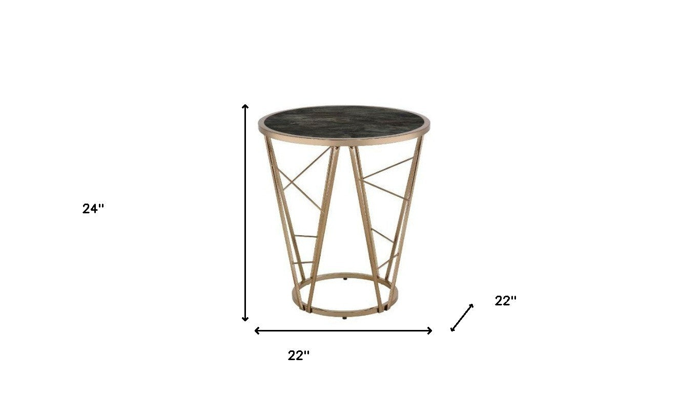 24" Champagne And Black Faux Marble Glass And Metal Round End Table - Homeroots - Flyclothing LLC