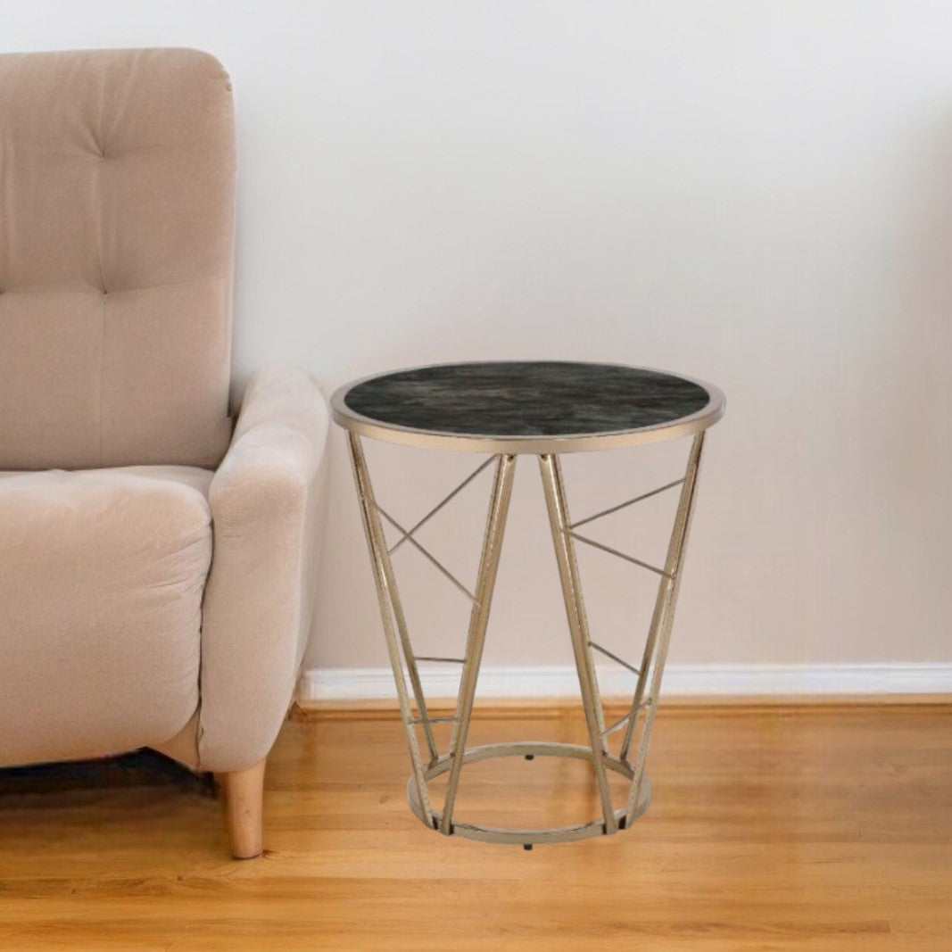 24" Champagne And Black Faux Marble Glass And Metal Round End Table - Homeroots - Flyclothing LLC
