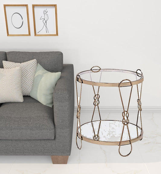 23" Gold Mirrored And Metal Round End Table With Shelf - Homeroots