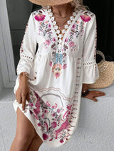 Lace Detail Printed Three-Quarter Sleeve Dress - Trendsi - Flyclothing LLC