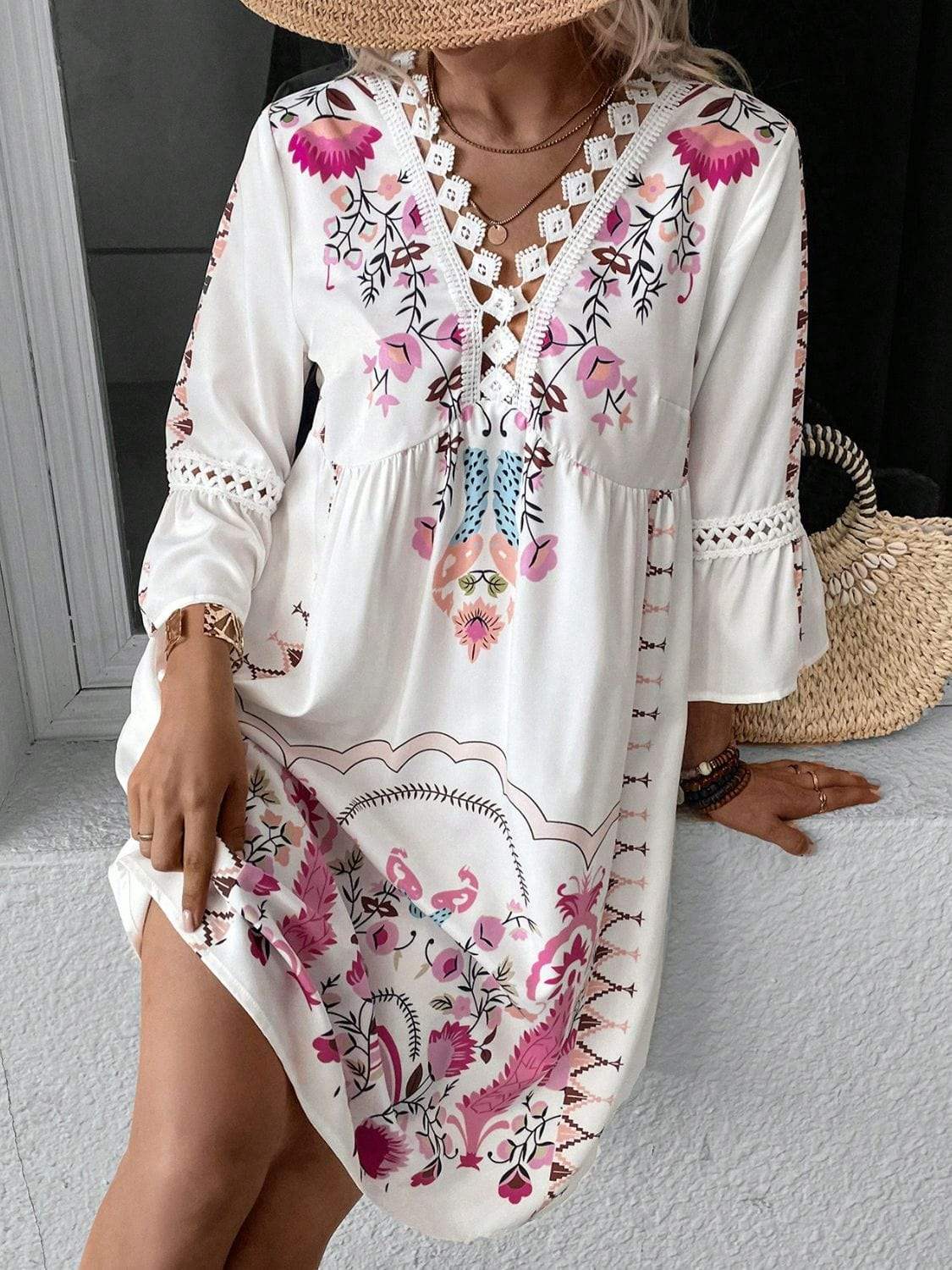 Lace Detail Printed Three-Quarter Sleeve Dress - Trendsi - Flyclothing LLC