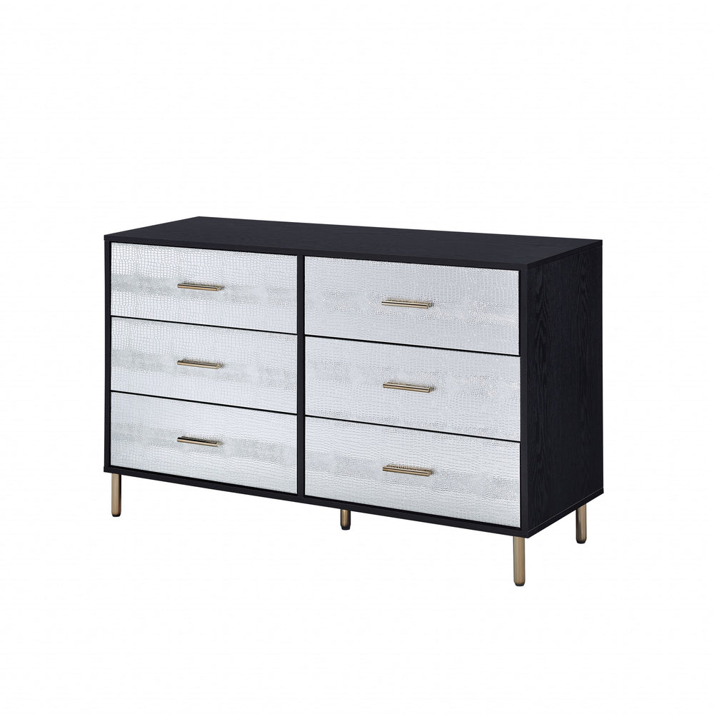 47" Black Silver and Gold Faux Croc Design Six Drawer Double Dresser - Homeroots - Flyclothing LLC