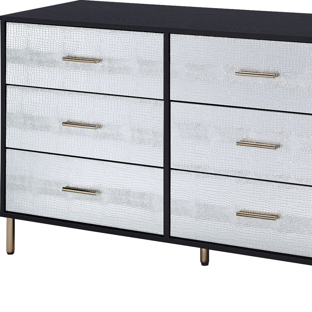 47" Black Silver and Gold Faux Croc Design Six Drawer Double Dresser - Homeroots - Flyclothing LLC