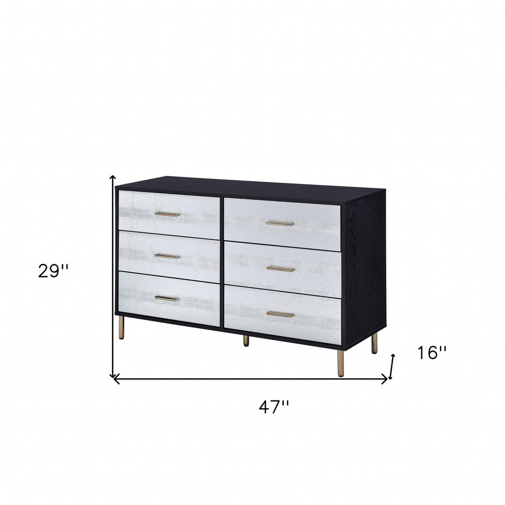 47" Black Silver and Gold Faux Croc Design Six Drawer Double Dresser - Homeroots - Flyclothing LLC