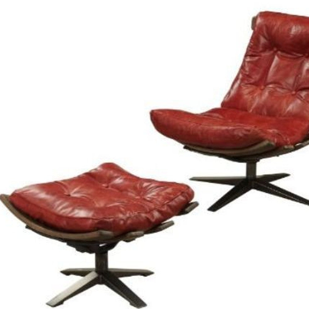 27" Red And Brown Top Grain Leather Tufted Swivel Lounge Chair With Ottoman - Homeroots - Flyclothing LLC