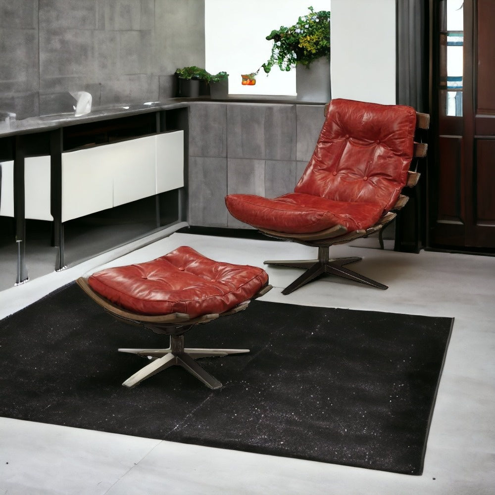 27" Red And Brown Top Grain Leather Tufted Swivel Lounge Chair With Ottoman - Homeroots - Flyclothing LLC