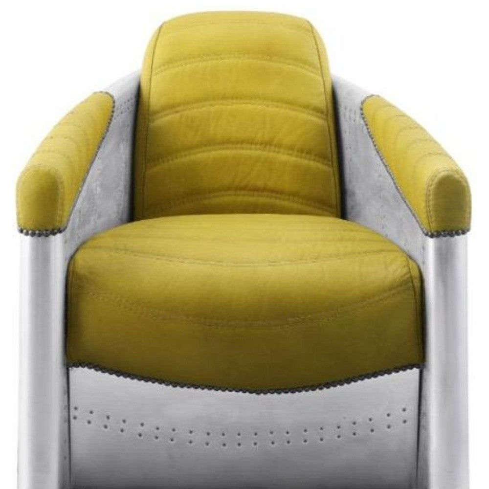 28" Yellow Top Grain Leather And Steel Barrel Chair - Homeroots