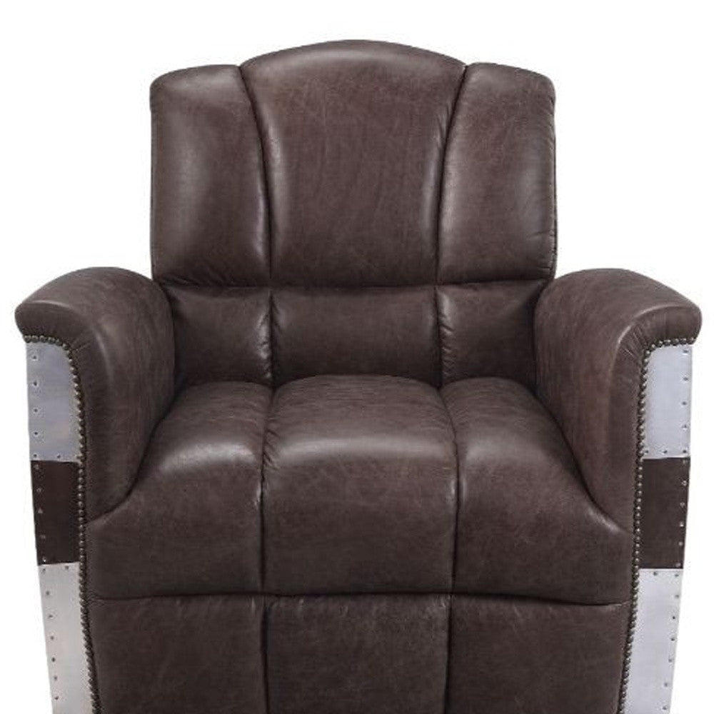 35" Retro Brown Top Grain Leather And Steel Patchwork Club Chair - Homeroots - Flyclothing LLC