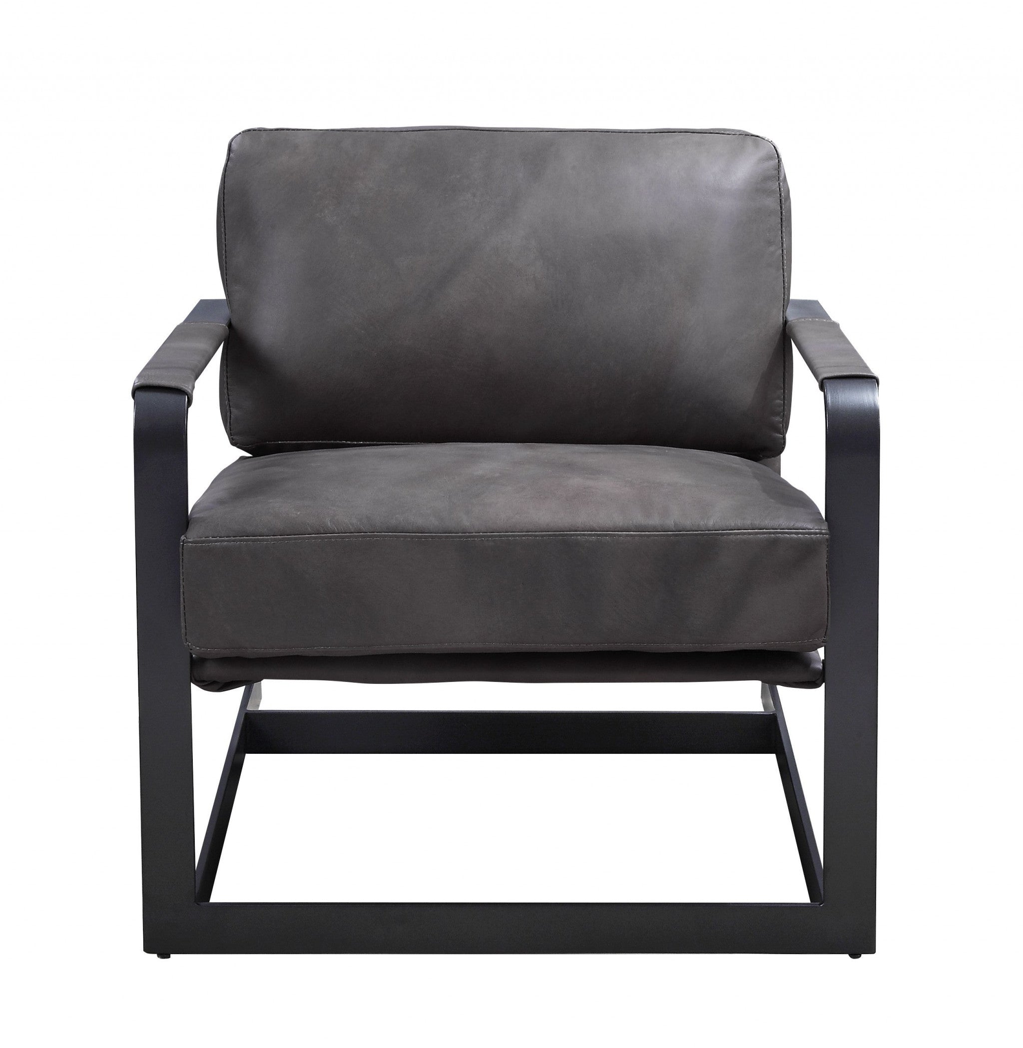 28" Gray Black Top Grain Leather And Steel Solid Color Arm Chair - Homeroots - Flyclothing LLC