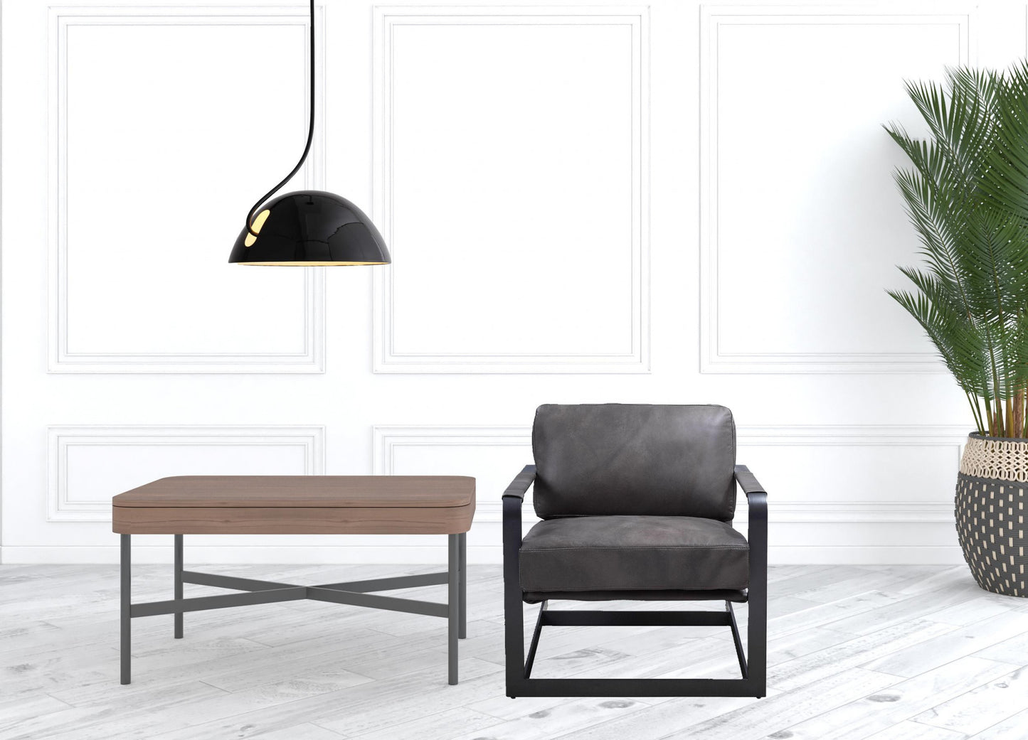 28" Gray Black Top Grain Leather And Steel Solid Color Arm Chair - Homeroots - Flyclothing LLC