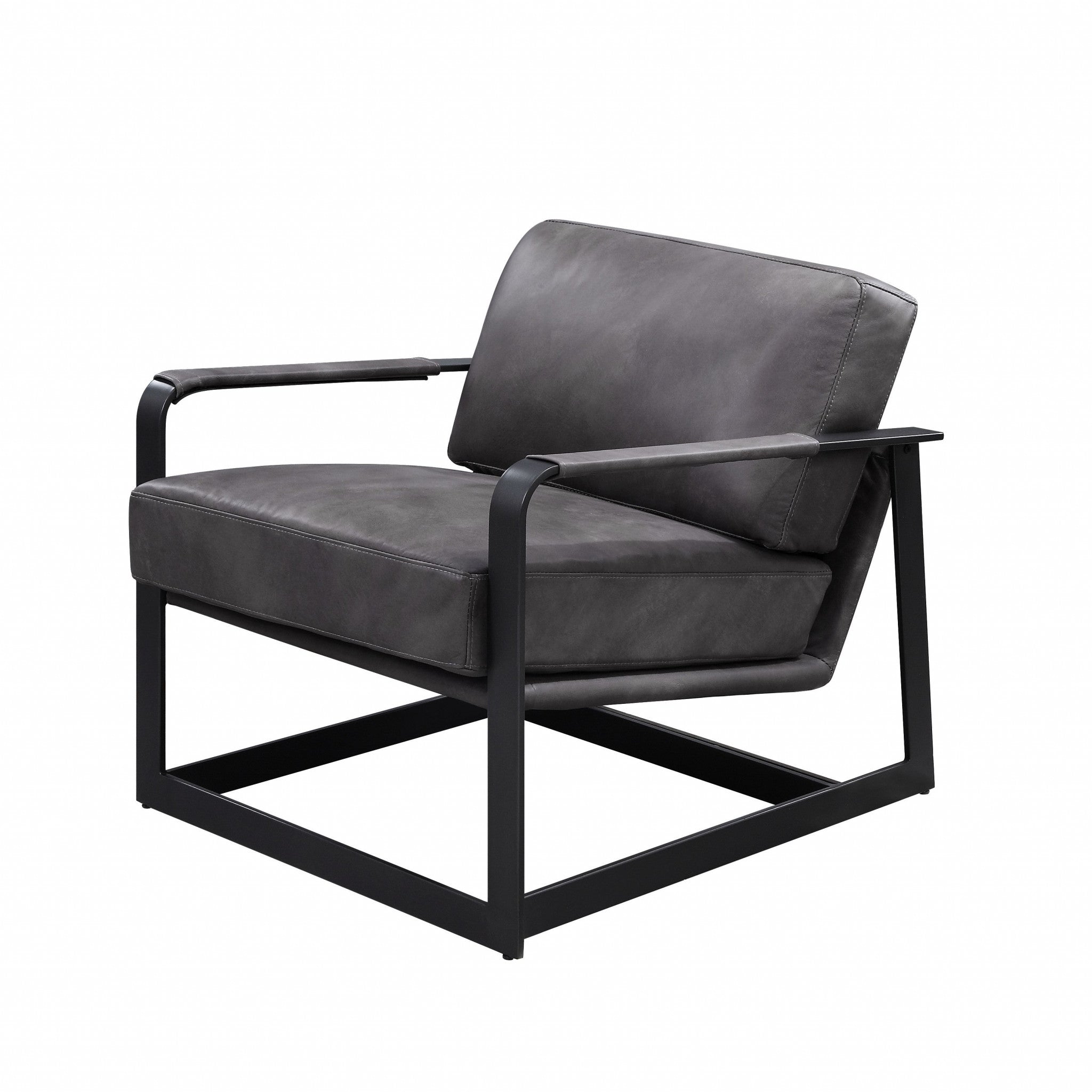 28" Gray Black Top Grain Leather And Steel Solid Color Arm Chair - Homeroots - Flyclothing LLC