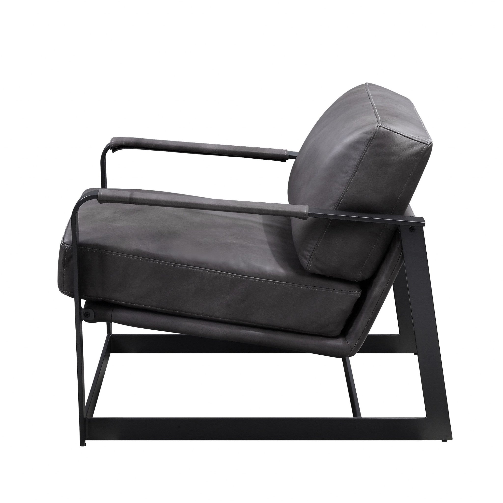 28" Gray Black Top Grain Leather And Steel Solid Color Arm Chair - Homeroots - Flyclothing LLC