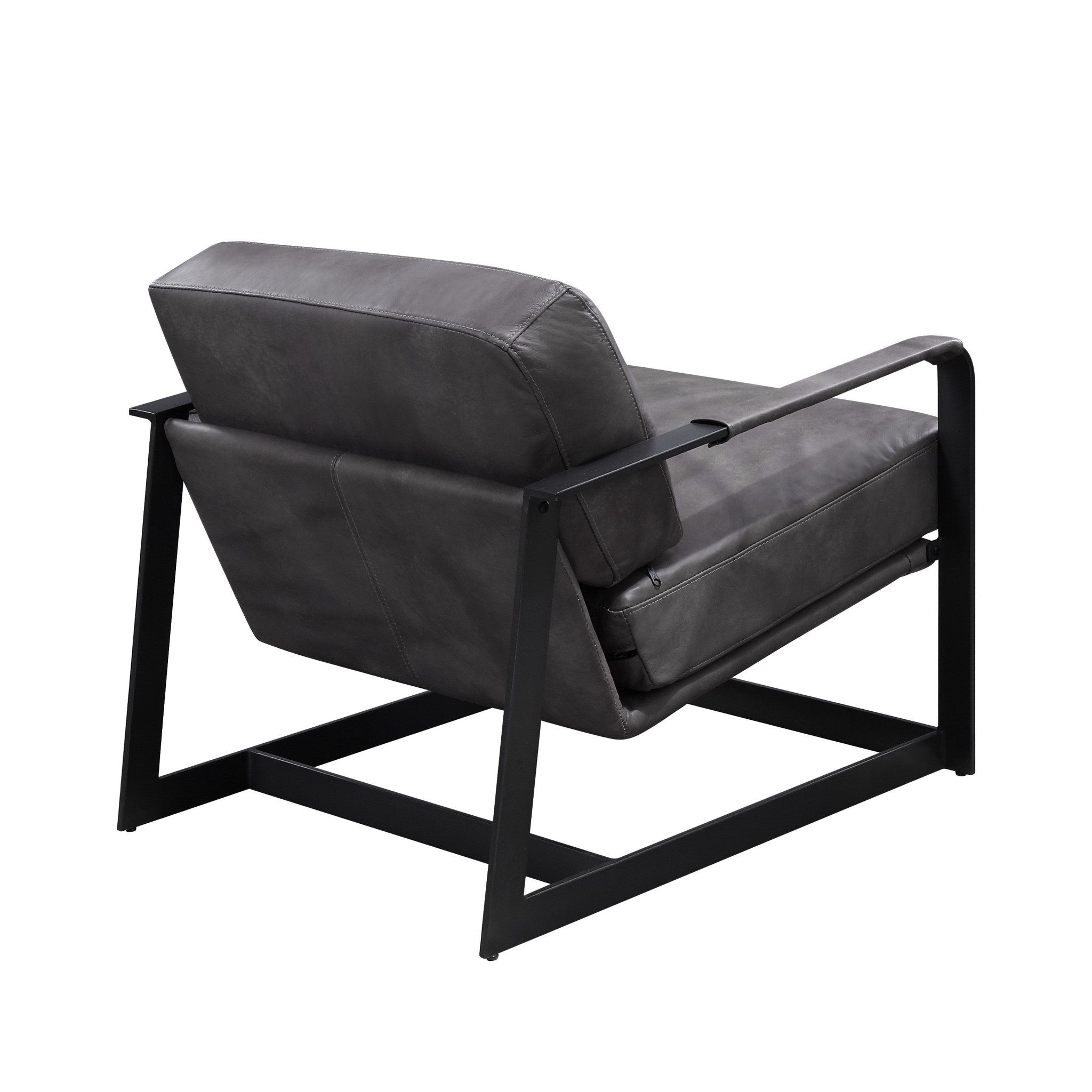 28" Gray Black Top Grain Leather And Steel Solid Color Arm Chair - Homeroots - Flyclothing LLC