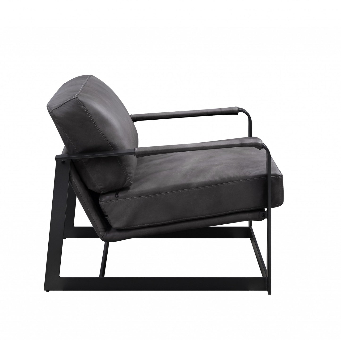 28" Gray Black Top Grain Leather And Steel Solid Color Arm Chair - Homeroots - Flyclothing LLC