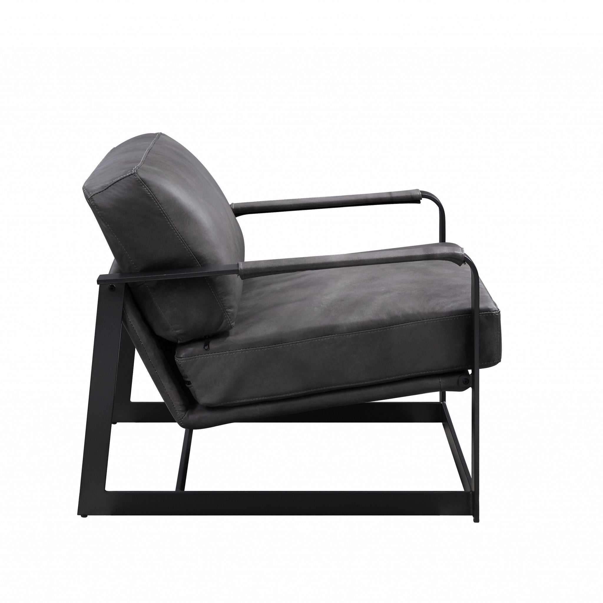 28" Gray Black Top Grain Leather And Steel Solid Color Arm Chair - Homeroots - Flyclothing LLC